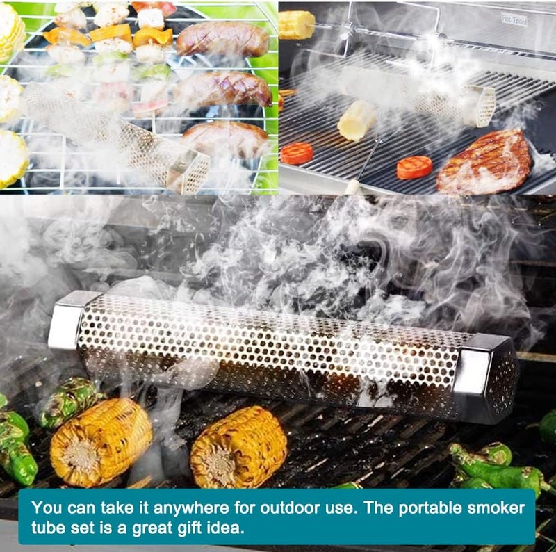aushucu Smoker Tube 12in Pellet Smoker Tube Stainless Steel Smoke Tube for Hot or Cold Smoking 5 Hours of Billowing smoke Portable BBQ Smoking tube Generator Electric Charcoal Gas Grill Smoker - Image 2